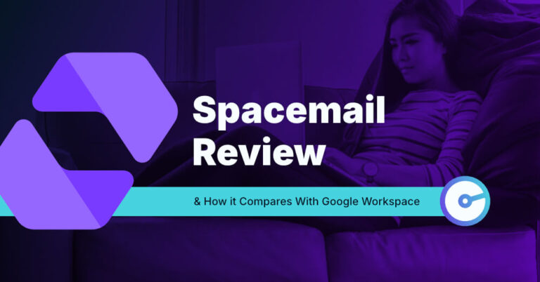 spacemail review featured image showing the title and graphic elements over a purple background with a lady on a laptop.