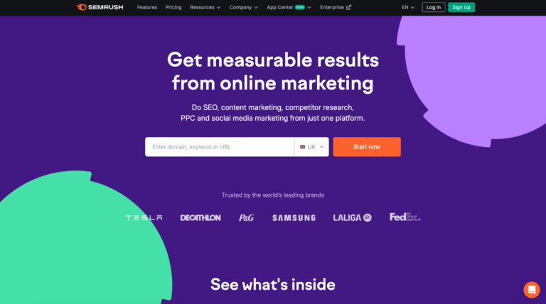 The Semrush homepage which can be used for DIY SEO from small business owners.
