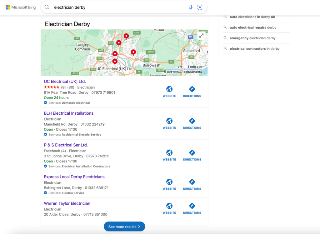 Bing Places for Business listings show in the search results to demonstrate how SEO works in Bing.