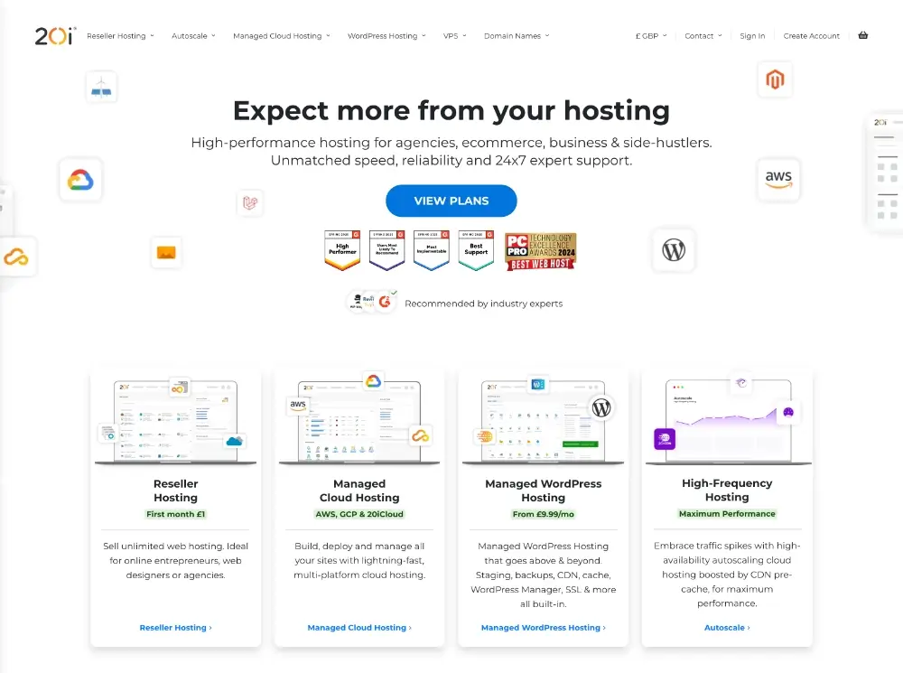 20i web hosting homepage screenshot.