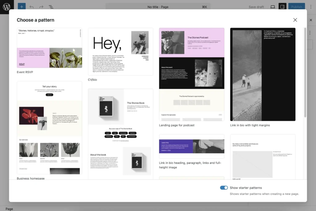 A selection of WordPress patterns to help build a page.