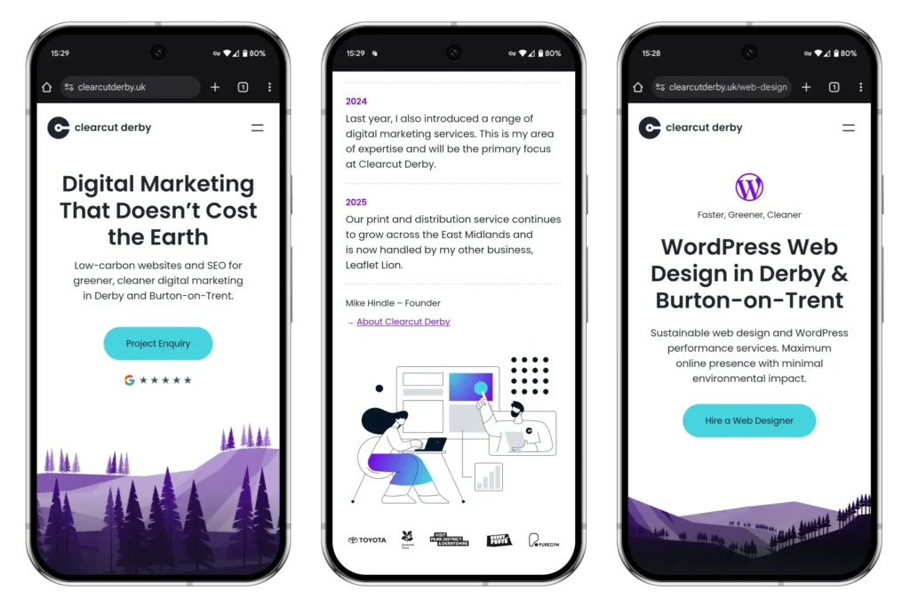 WordPress block themes example shown on three mobile phones.